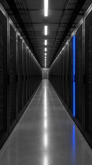 Server corridor with one blue-lit rack