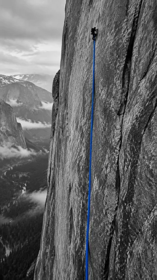 Climber on a cliff face, blue rope