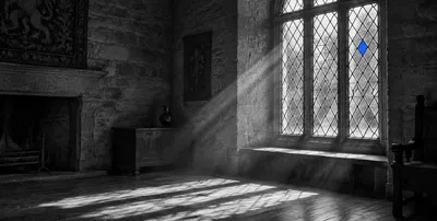 Light through a leaded window, one blue pane