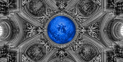 Ornate ceiling with a blue central medallion