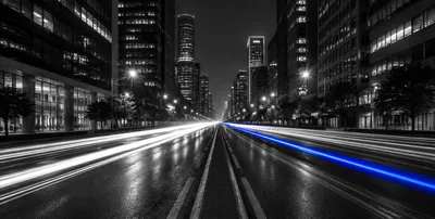 City street at night, one blue light trail